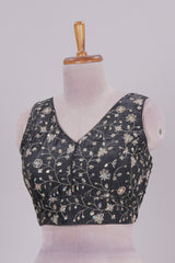 Black floral chamki embroidery work readymade designer blouse, sleeveless V neck with back tassels