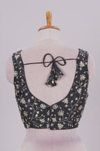Black floral chamki embroidery work readymade designer blouse, sleeveless V neck with back tassels