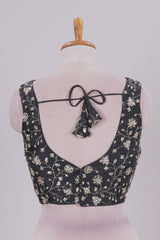 Black floral chamki embroidery work readymade designer blouse, sleeveless V neck with back tassels