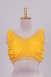 Golden yellow chamki embroidery work readymade designer blouse, sleeveless V neck with back tassels