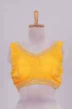 Golden yellow chamki embroidery work readymade designer blouse, sleeveless V neck with back tassels