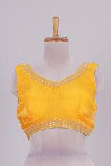 Golden yellow chamki embroidery work readymade designer blouse, sleeveless V neck with back tassels
