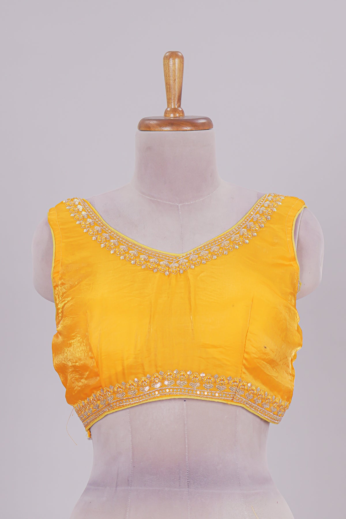 Golden yellow chamki embroidery work readymade designer blouse, sleeveless V neck with back tassels