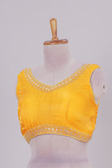 Golden yellow chamki embroidery work readymade designer blouse, sleeveless V neck with back tassels
