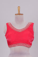 Pink chamki embroidery work readymade designer blouse, sleeveless V neck with back tassels