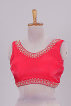 Pink chamki embroidery work readymade designer blouse, sleeveless V neck with back tassels