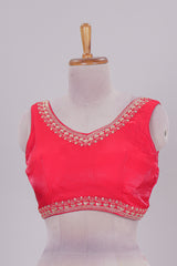 Pink chamki embroidery work readymade designer blouse, sleeveless V neck with back tassels