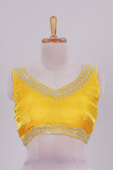 Yellow chamki embroidery work readymade designer blouse, sleeveless V neck with back tassels