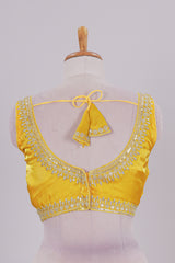 Yellow chamki embroidery work readymade designer blouse, sleeveless V neck with back tassels