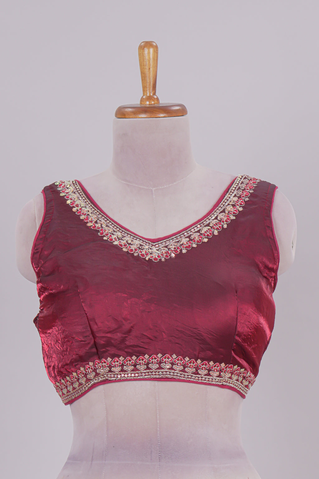 Maroon chamki embroidery work readymade designer blouse, sleeveless V neck with back tassels