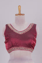 Maroon chamki embroidery work readymade designer blouse, sleeveless V neck with back tassels