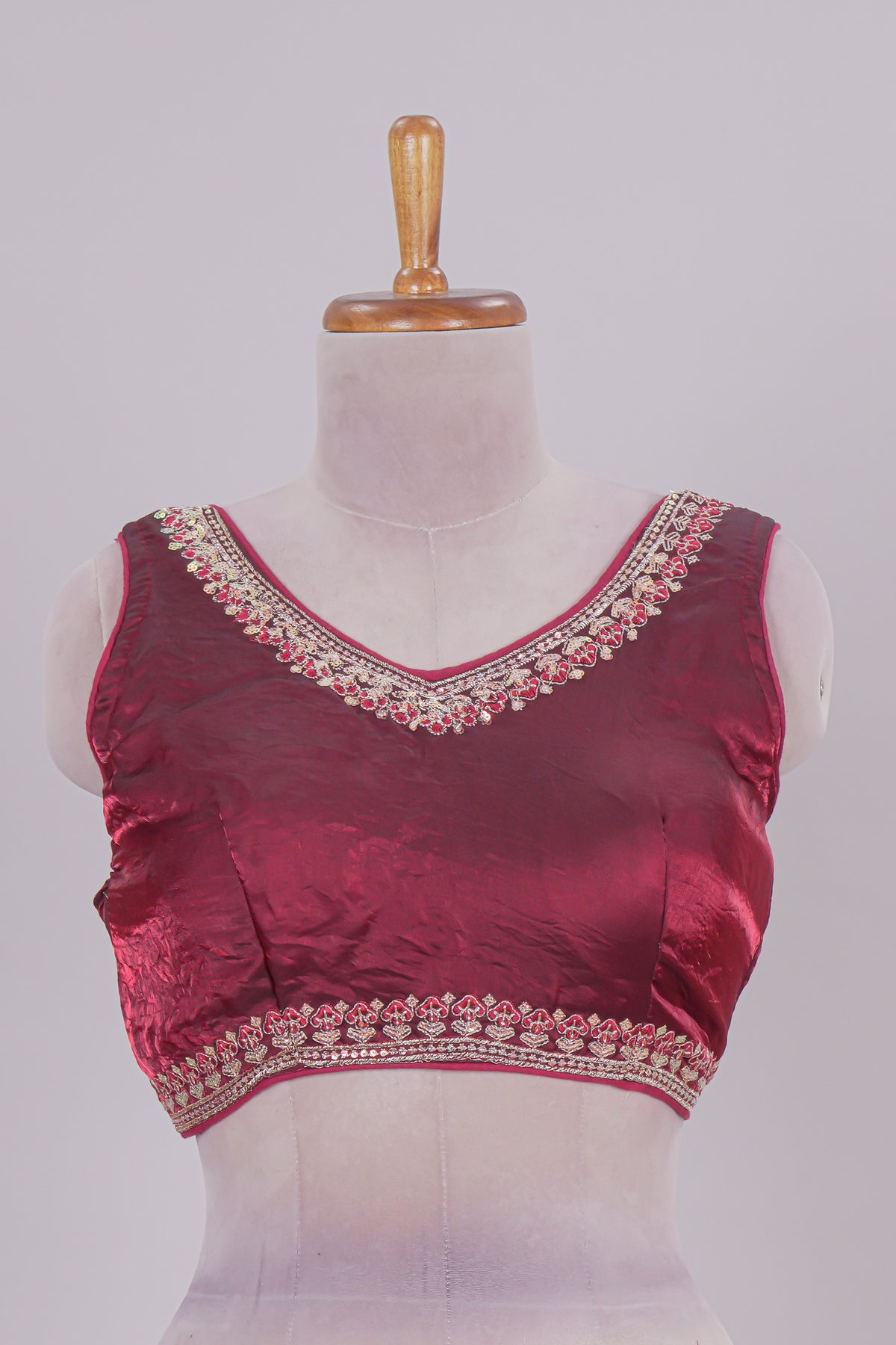 Maroon chamki embroidery work readymade designer blouse, sleeveless V neck with back tassels