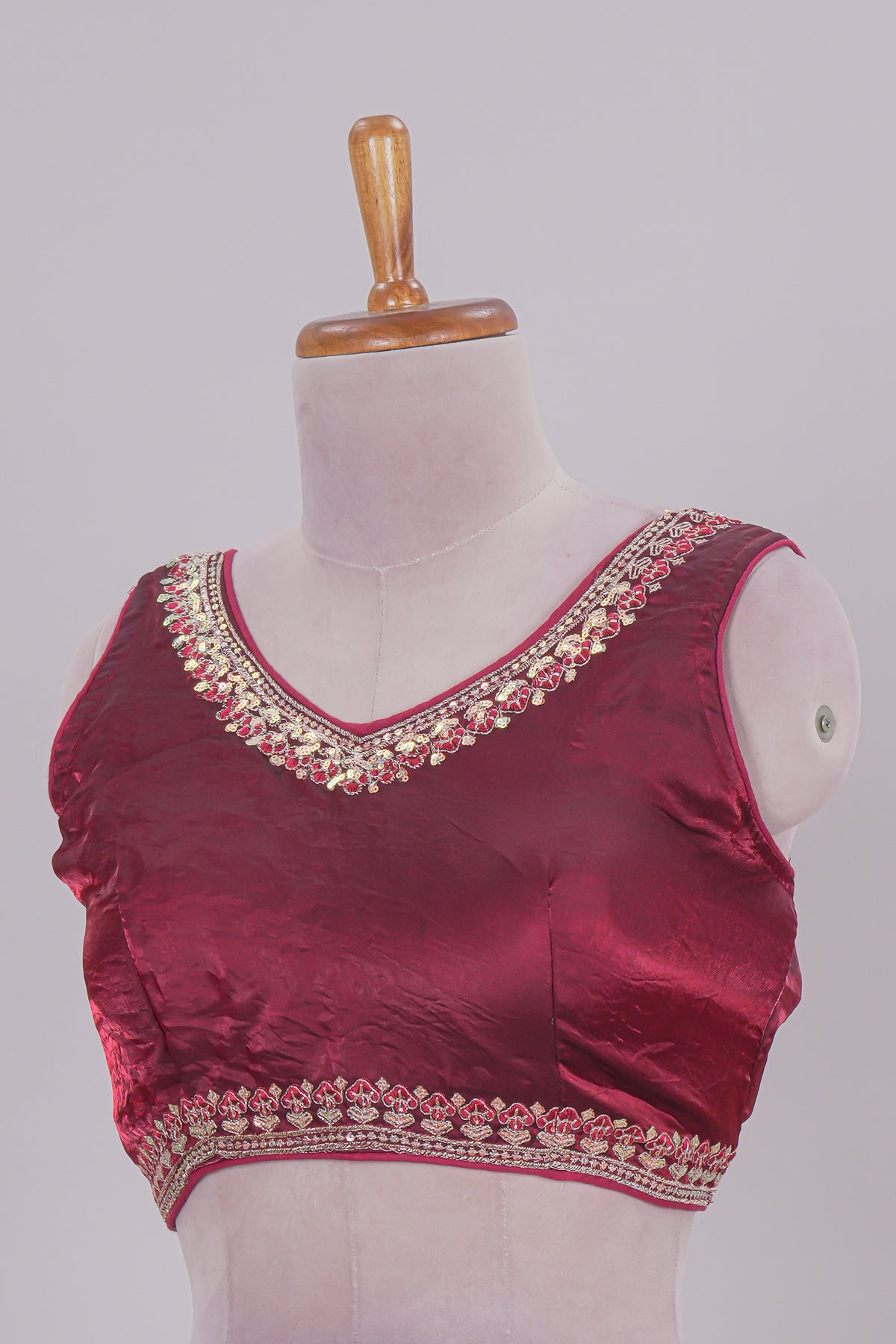 Maroon chamki embroidery work readymade designer blouse, sleeveless V neck with back tassels