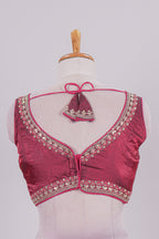 Maroon chamki embroidery work readymade designer blouse, sleeveless V neck with back tassels