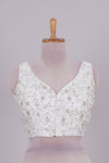 White chamki embroidery work readymade designer blouse, sleeveless V neck with back tassels
