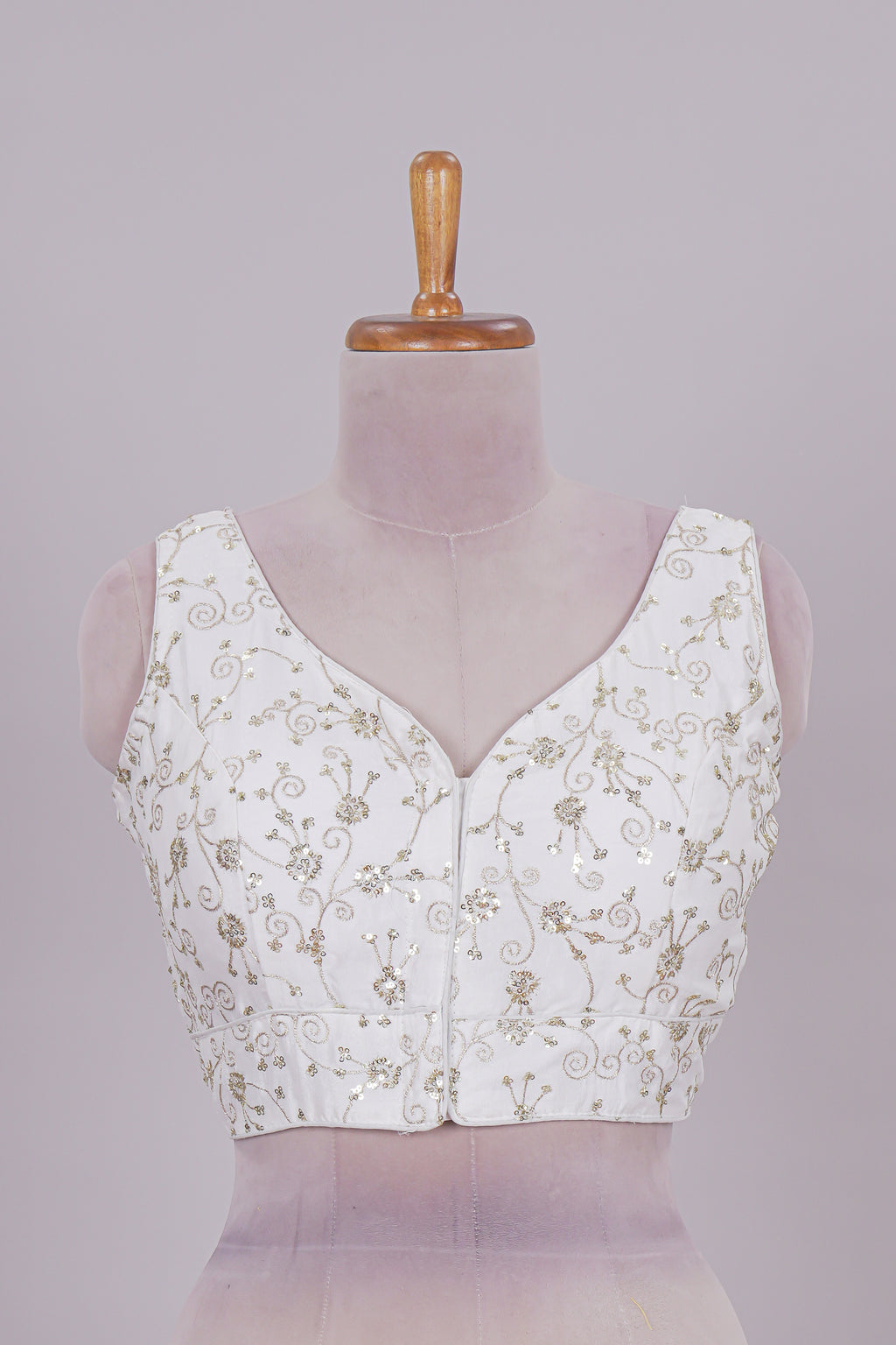 White chamki embroidery work readymade designer blouse, sleeveless V neck with back tassels