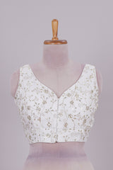 White chamki embroidery work readymade designer blouse, sleeveless V neck with back tassels