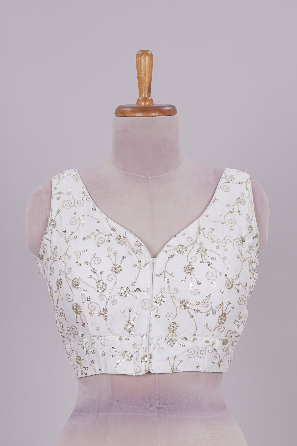 White chamki embroidery work readymade designer blouse, sleeveless V neck with back tassels