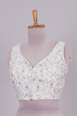 White chamki embroidery work readymade designer blouse, sleeveless V neck with back tassels