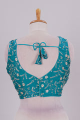 Viridian green floral chamki embroidery work readymade designer blouse, sleeveless V neck with back tassels