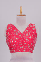 Pink floral chamki embroidery work readymade designer blouse, sleeveless V neck with back tassels