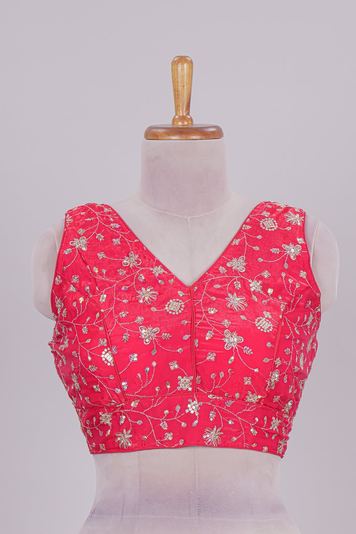 Pink floral chamki embroidery work readymade designer blouse, sleeveless V neck with back tassels