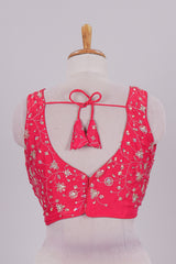 Pink floral chamki embroidery work readymade designer blouse, sleeveless V neck with back tassels