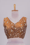 Mustard floral chamki embroidery work readymade designer blouse, sleeveless V neck with back tassels