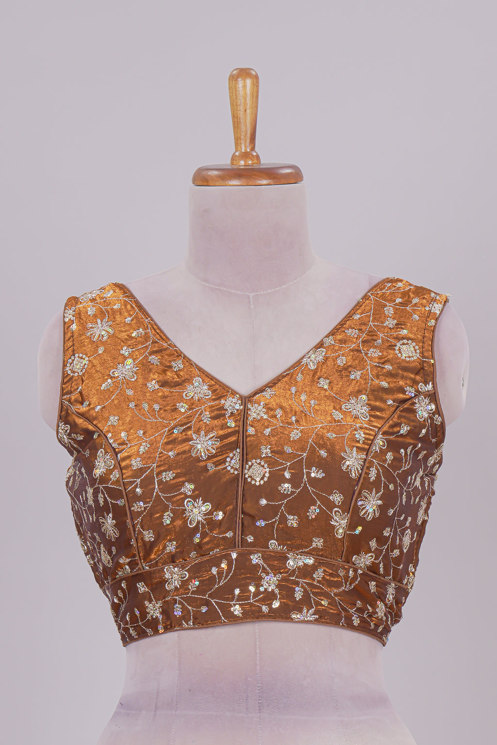 Mustard floral chamki embroidery work readymade designer blouse, sleeveless V neck with back tassels