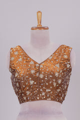 Mustard floral chamki embroidery work readymade designer blouse, sleeveless V neck with back tassels