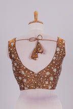 Mustard floral chamki embroidery work readymade designer blouse, sleeveless V neck with back tassels