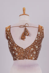 Mustard floral chamki embroidery work readymade designer blouse, sleeveless V neck with back tassels