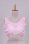 Baby pink floral chamki embroidery work readymade designer blouse, sleeveless V neck with back tassels