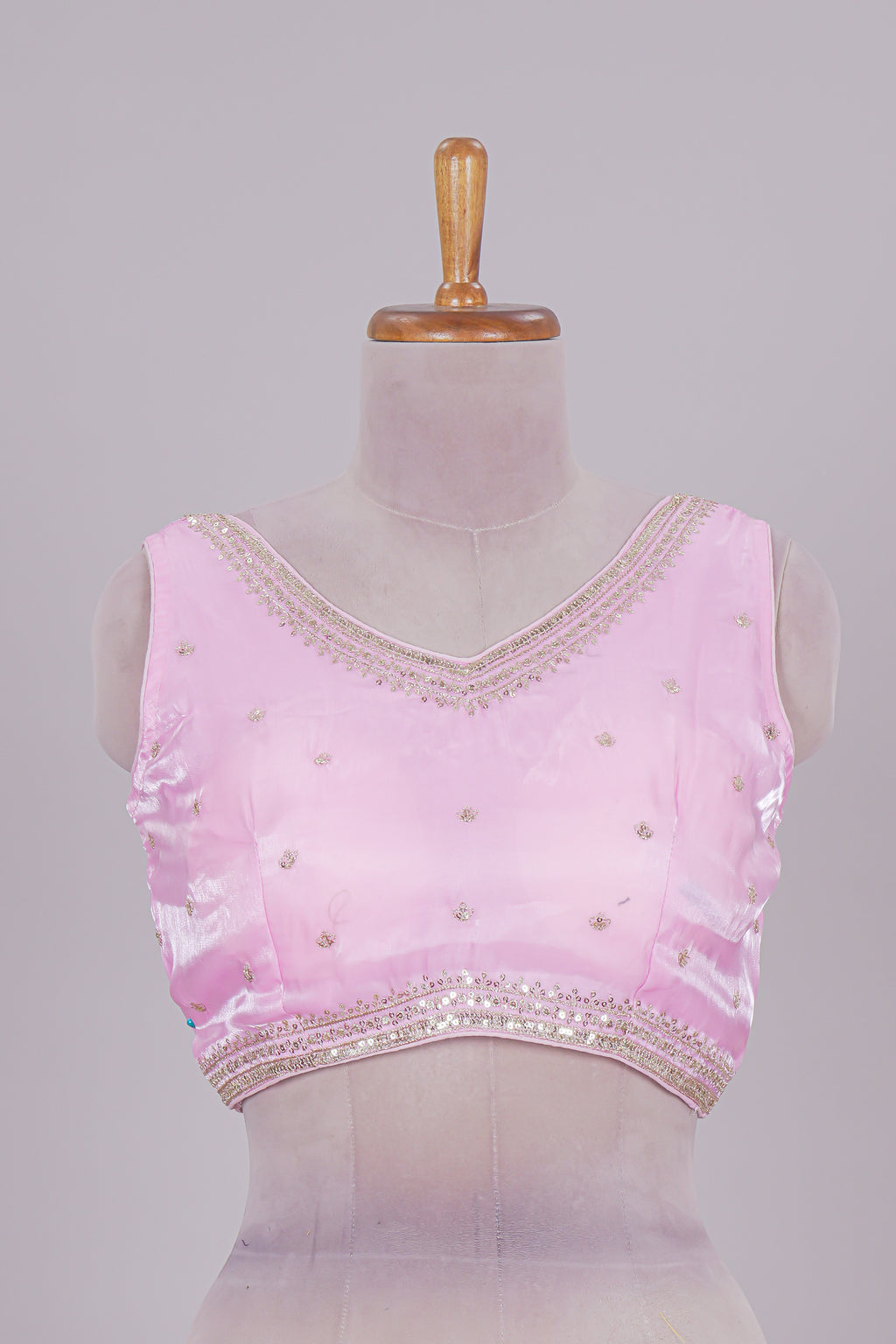 Baby pink floral chamki embroidery work readymade designer blouse, sleeveless V neck with back tassels