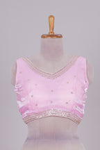 Baby pink floral chamki embroidery work readymade designer blouse, sleeveless V neck with back tassels