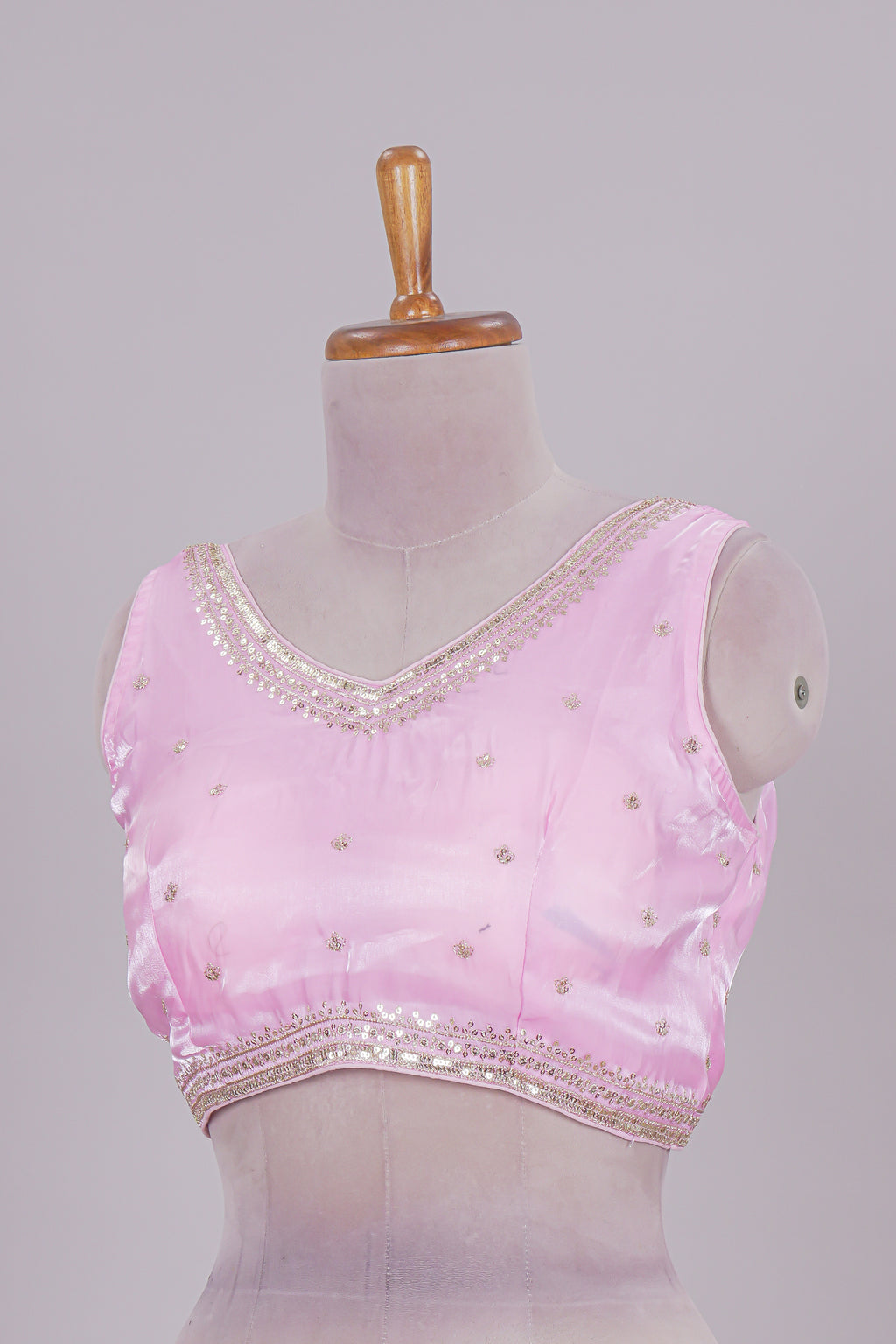 Baby pink floral chamki embroidery work readymade designer blouse, sleeveless V neck with back tassels