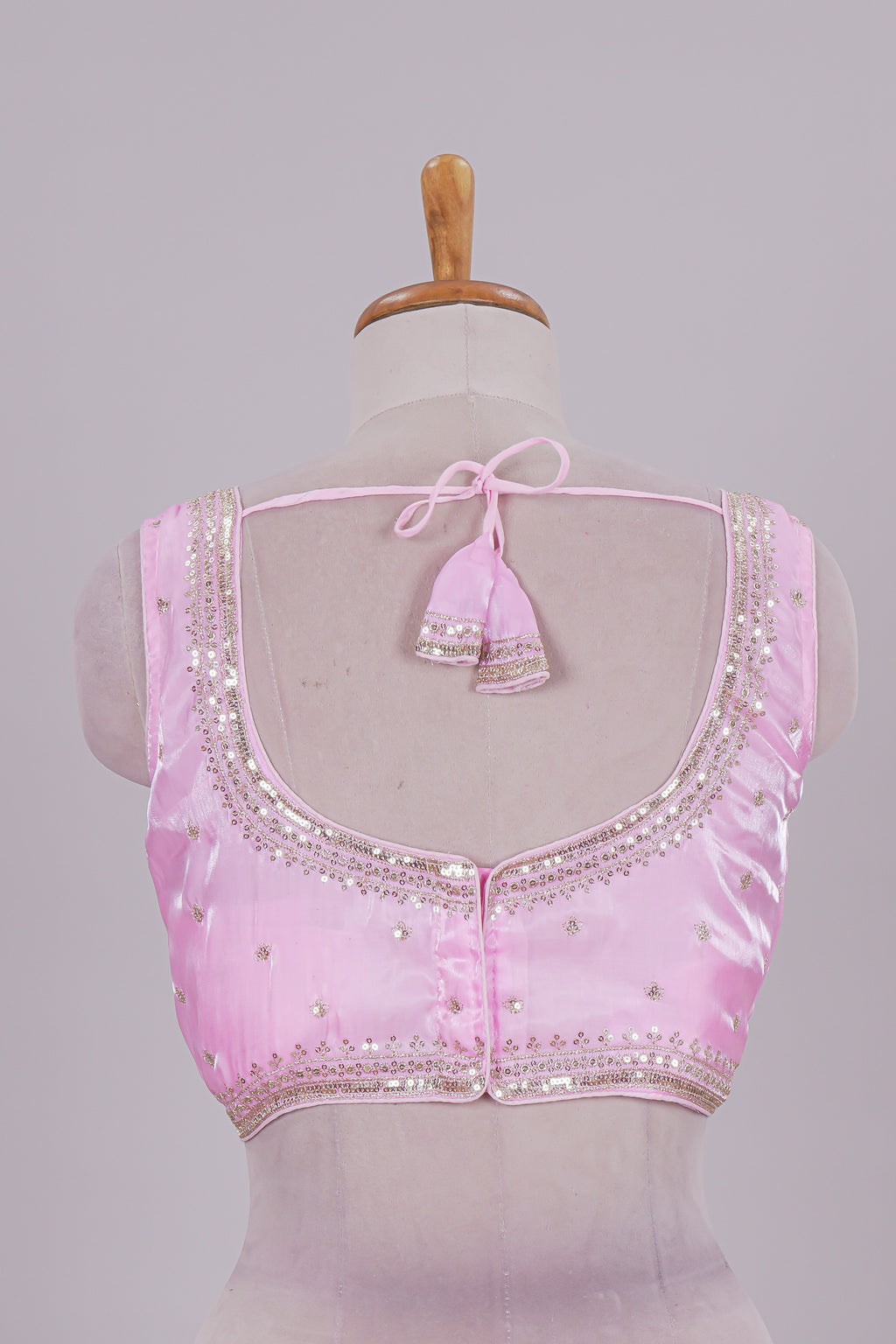 Baby pink floral chamki embroidery work readymade designer blouse, sleeveless V neck with back tassels