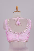 Baby pink floral chamki embroidery work readymade designer blouse, sleeveless V neck with back tassels