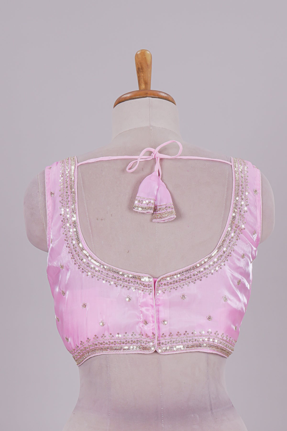 Baby pink floral chamki embroidery work readymade designer blouse, sleeveless V neck with back tassels