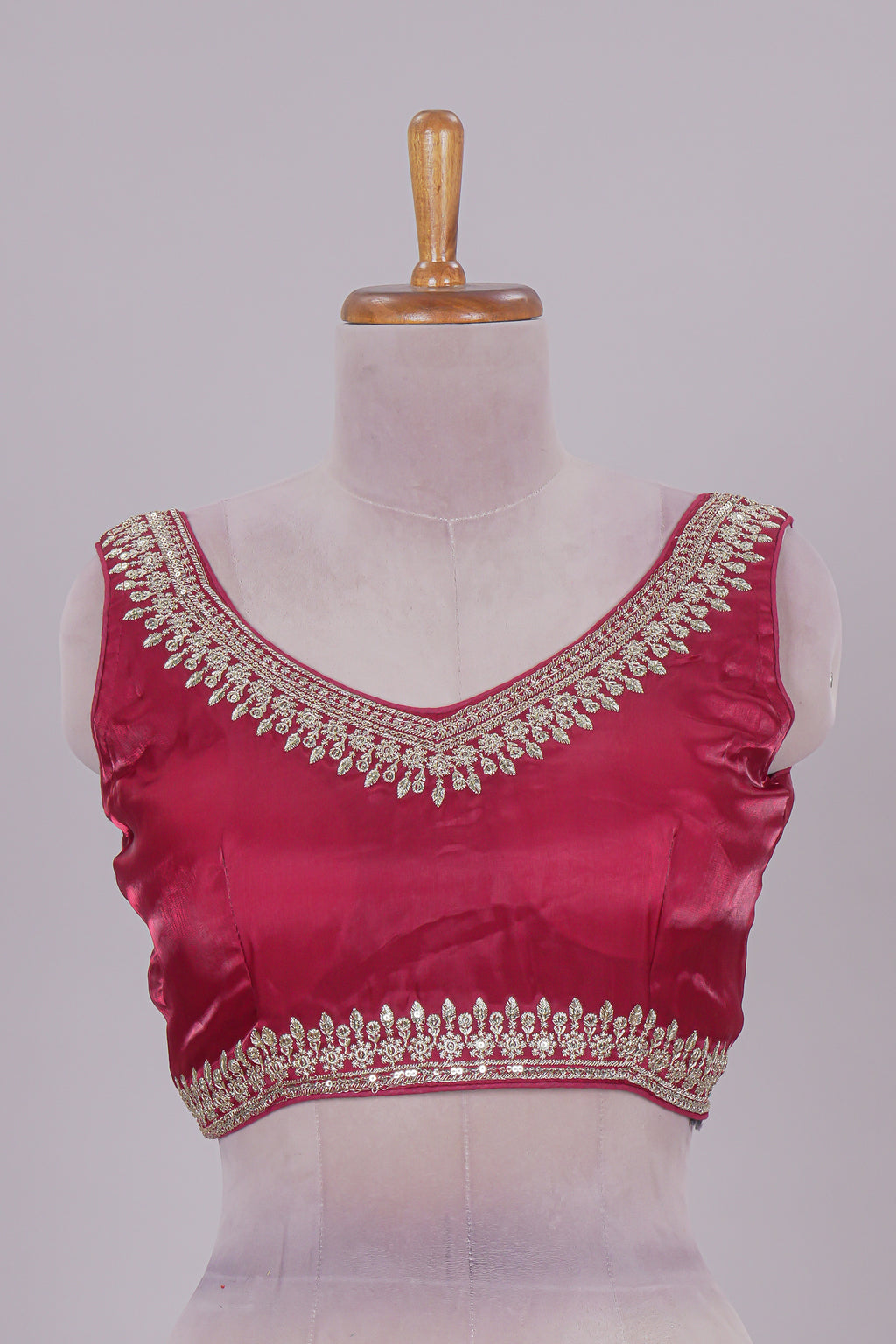 Red floral chamki embroidery work readymade designer blouse, sleeveless V neck with back tassels
