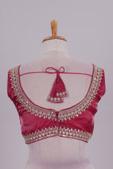 Red floral chamki embroidery work readymade designer blouse, sleeveless V neck with back tassels