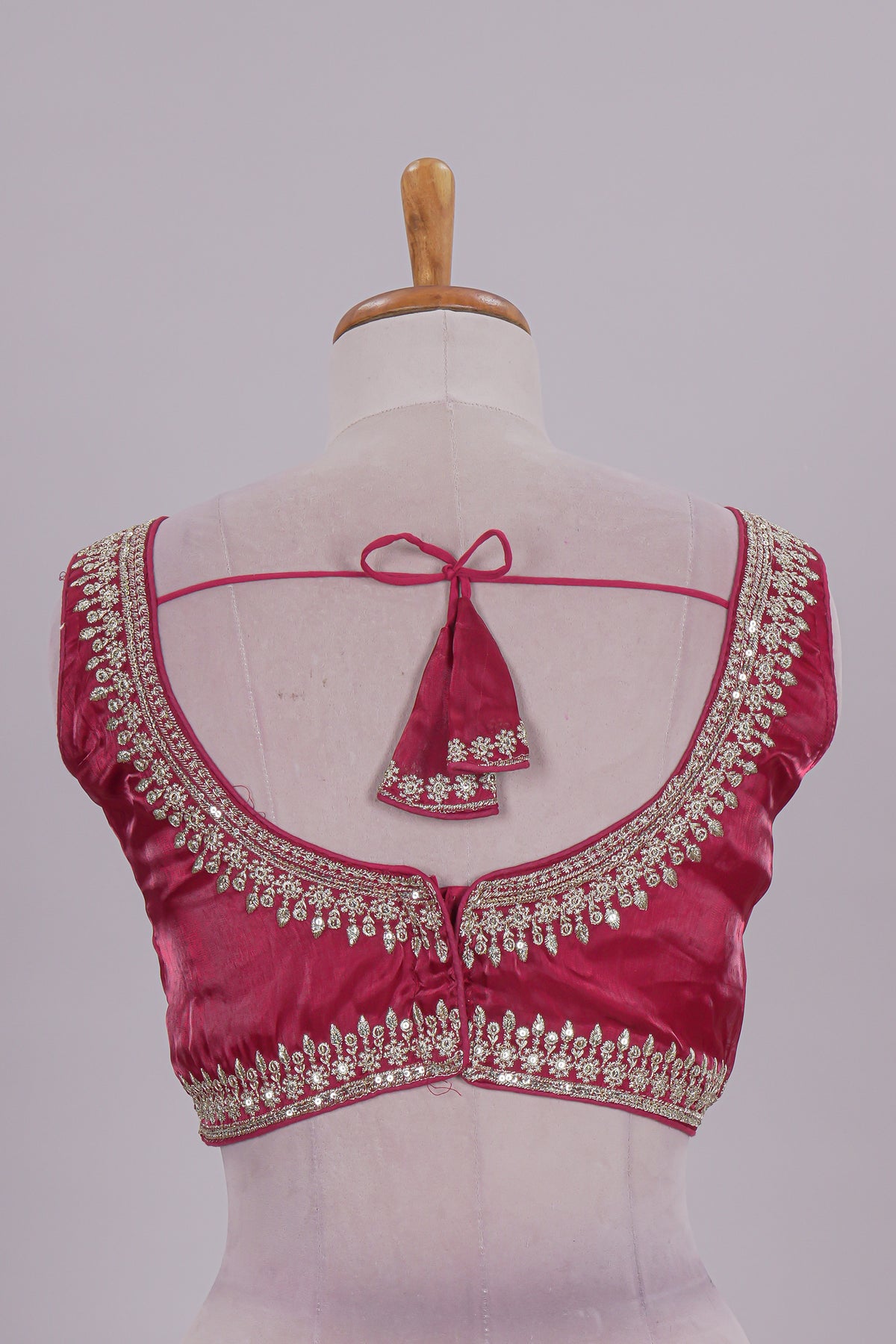 Red floral chamki embroidery work readymade designer blouse, sleeveless V neck with back tassels
