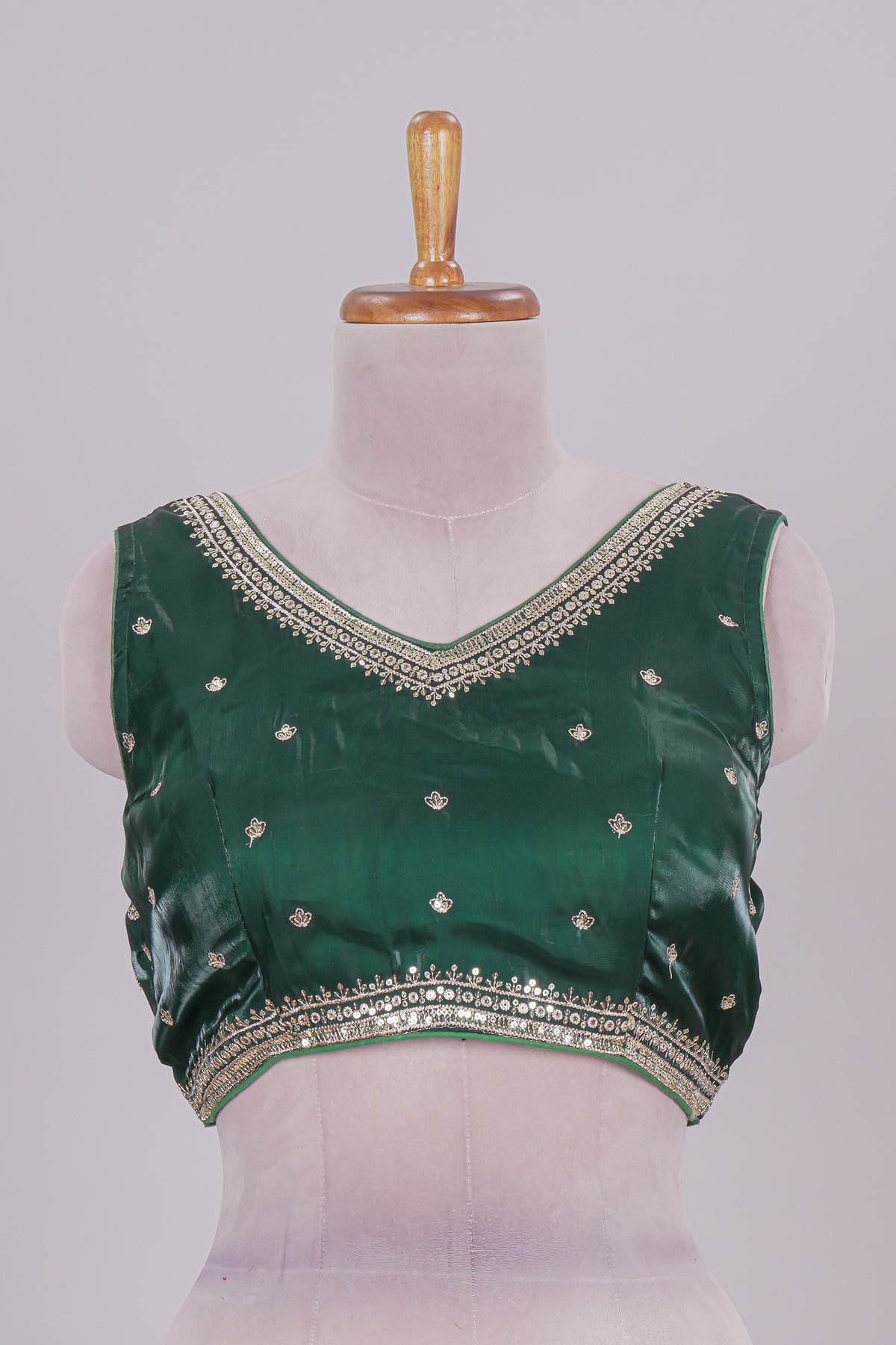 Green floral chamki embroidery work readymade designer blouse, sleeveless V neck with back tassels