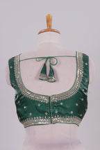 Green floral chamki embroidery work readymade designer blouse, sleeveless V neck with back tassels