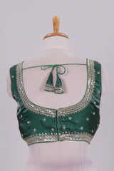 Green floral chamki embroidery work readymade designer blouse, sleeveless V neck with back tassels