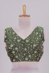 Olive green floral chamki embroidery work readymade designer blouse, sleeveless V neck with back tassels