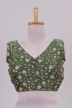 Olive green floral chamki embroidery work readymade designer blouse, sleeveless V neck with back tassels