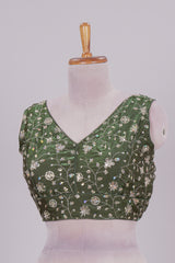 Olive green floral chamki embroidery work readymade designer blouse, sleeveless V neck with back tassels