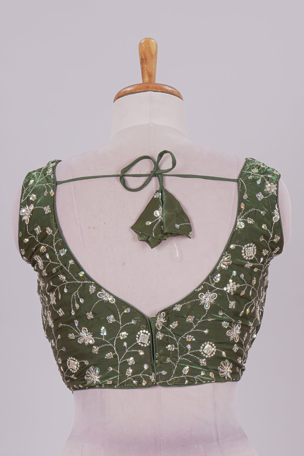 Olive green floral chamki embroidery work readymade designer blouse, sleeveless V neck with back tassels