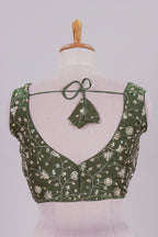 Olive green floral chamki embroidery work readymade designer blouse, sleeveless V neck with back tassels